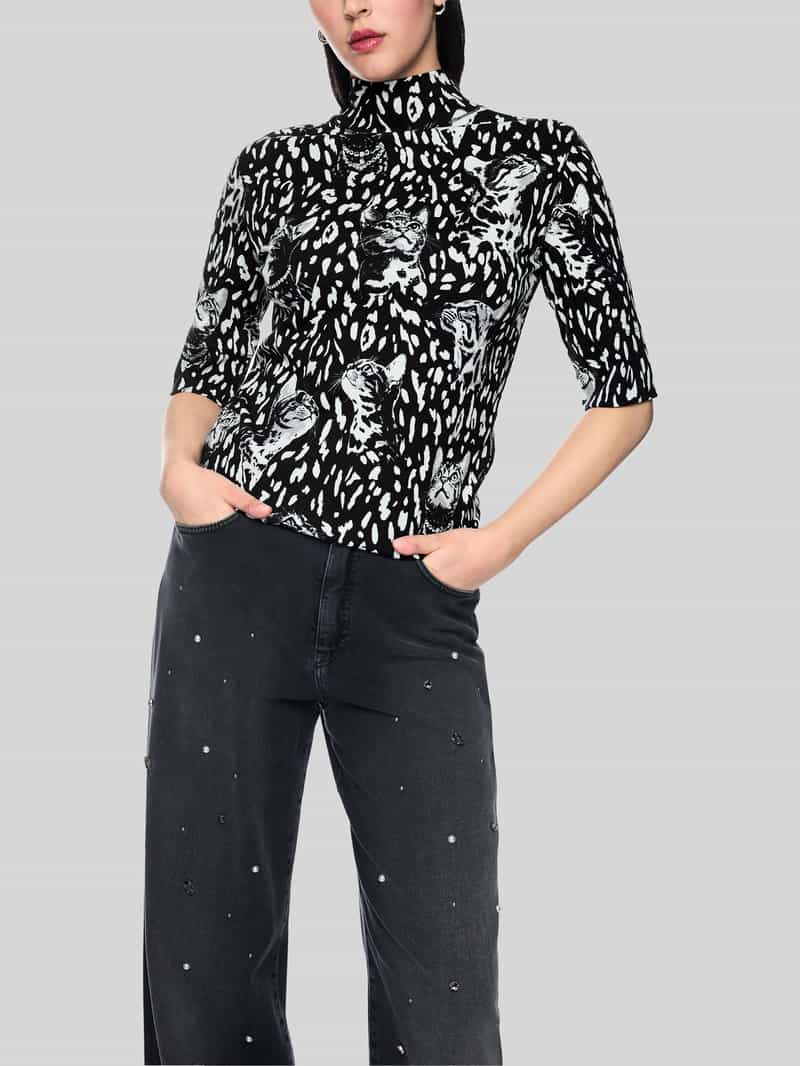 Marc Cain T-shirt met kattenmotief-opstaande kraag