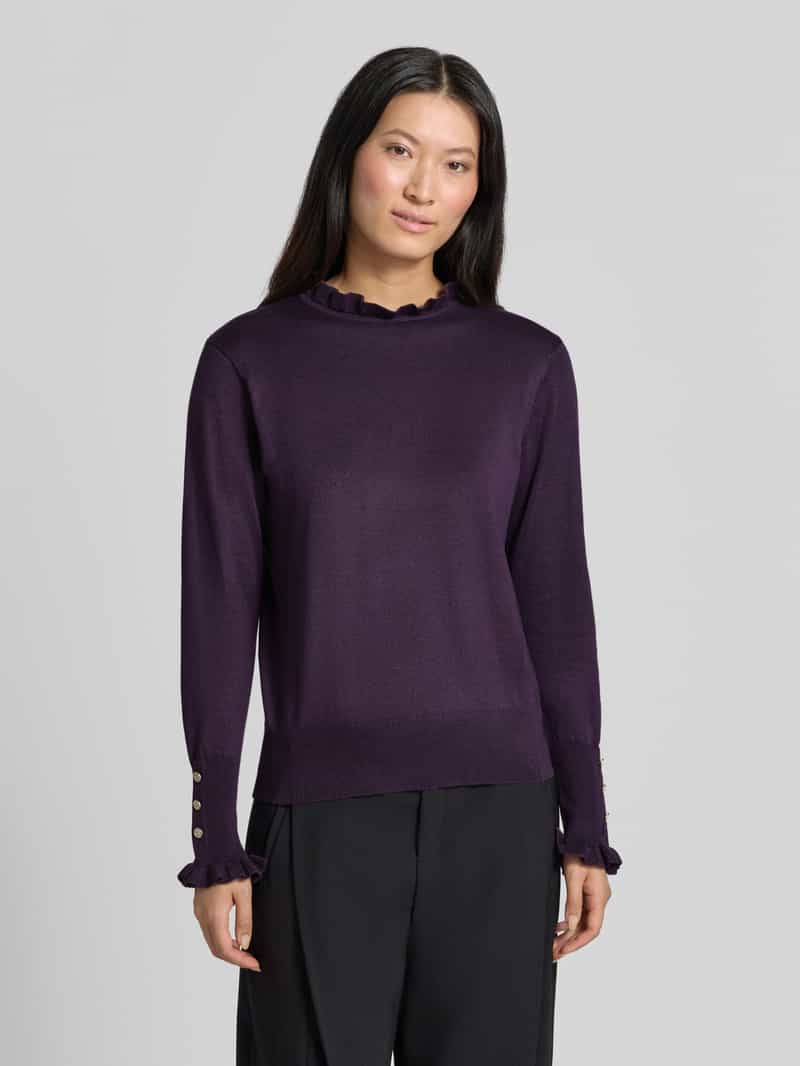 FREE/QUENT Gebreide pullover met opstaande kraag en ruches model 'Katie' paars, foto 3