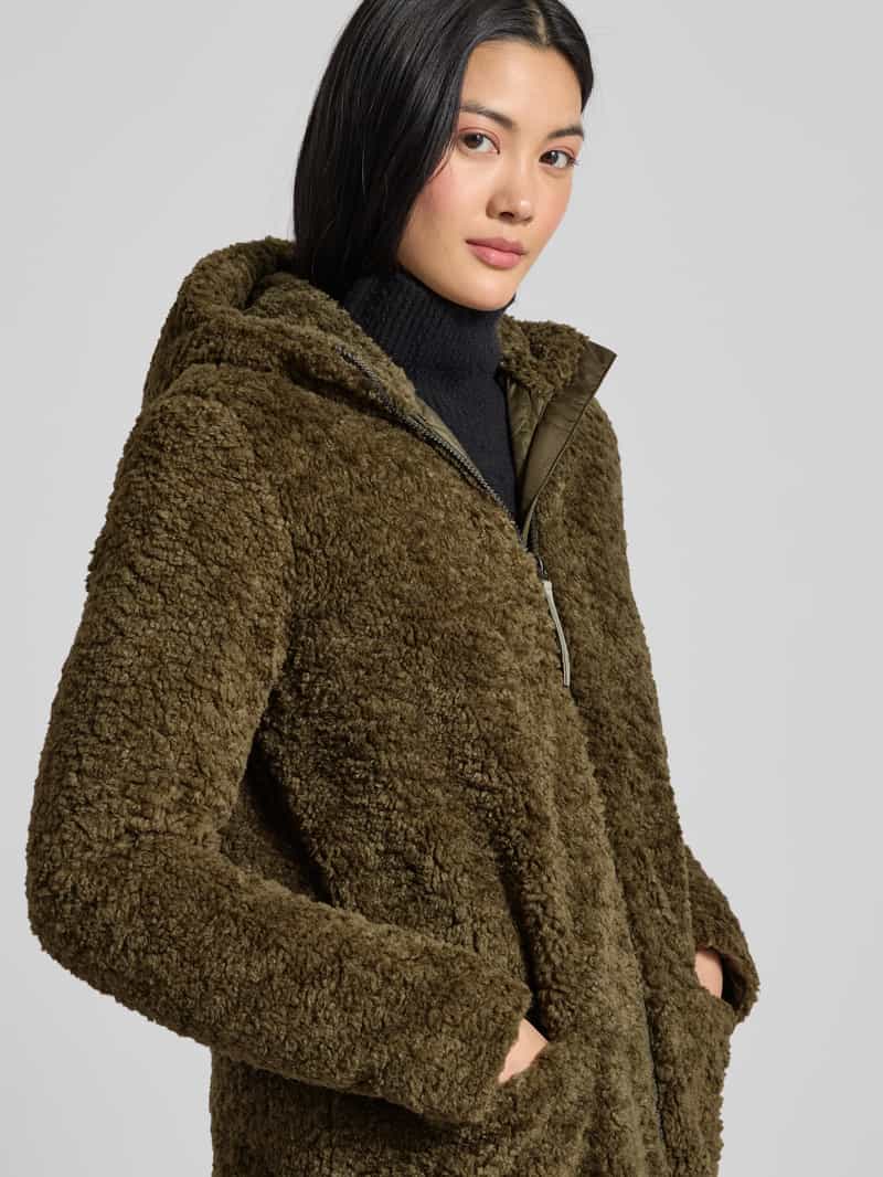 camel active Lange jas van teddybont met capuchon en tweewegsritssluiting