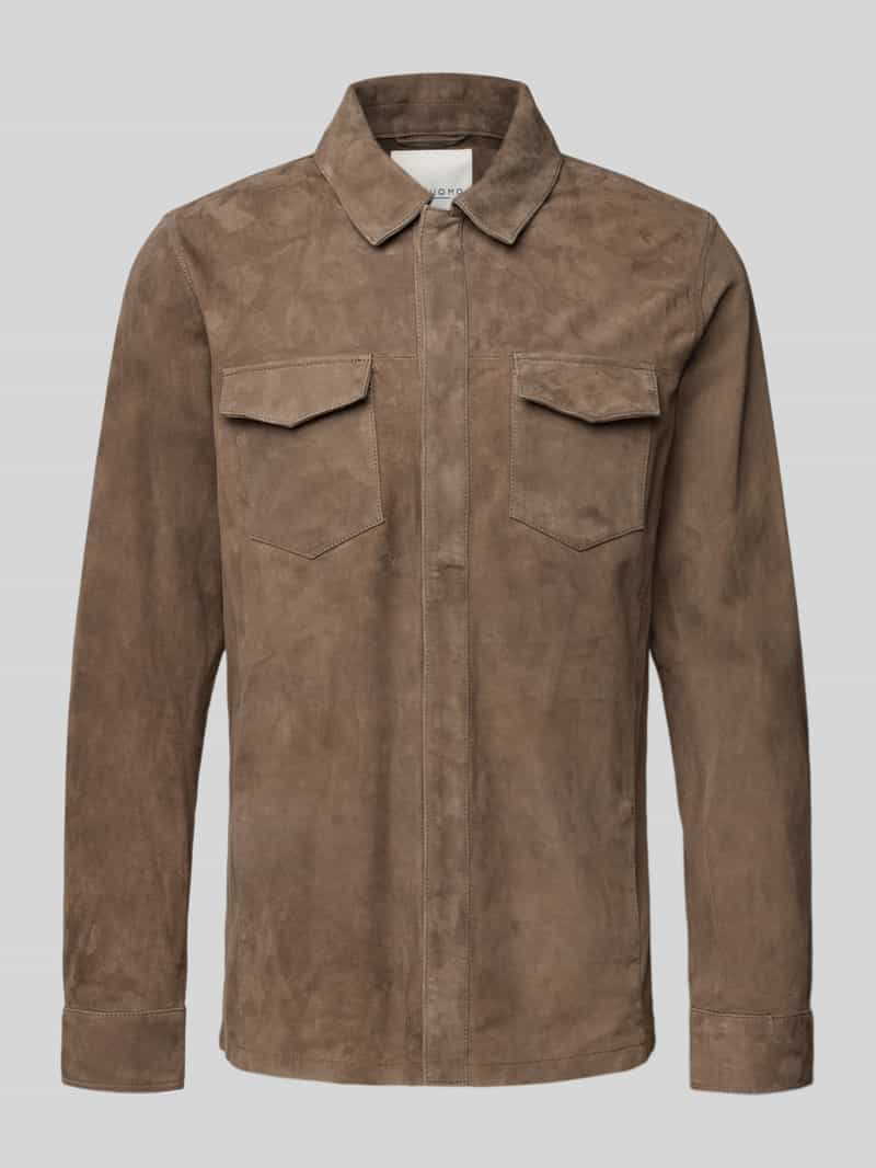 Profuomo Slim fit overhemdjack van echt geitenleer model 'Overshirt'