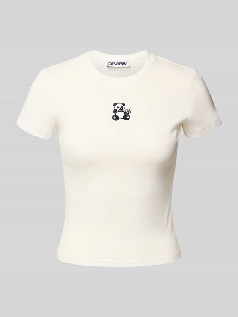 Review T-shirt met motiefstitching en ronde hals