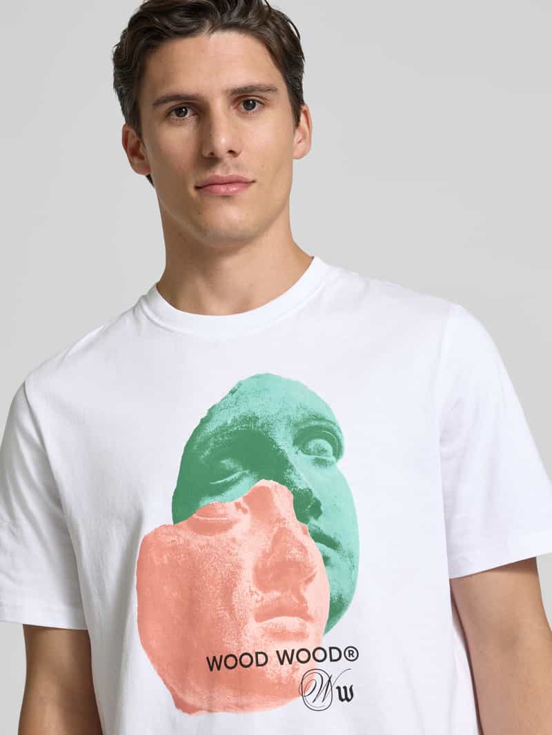 Wood T-shirt met motief- en labelprint model 'Bobby'