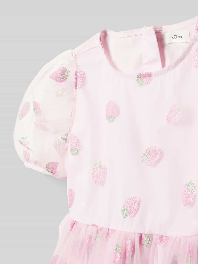 s.Oliver RED LABEL Uitlopende mesh jurk met glitterprint en pofmouwen