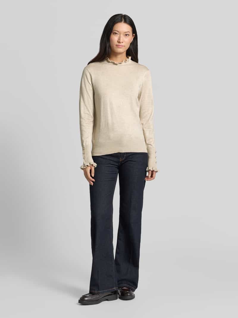 FREE/QUENT Gebreide pullover met opstaande kraag en ruches model 'Katie' beige, foto 5
