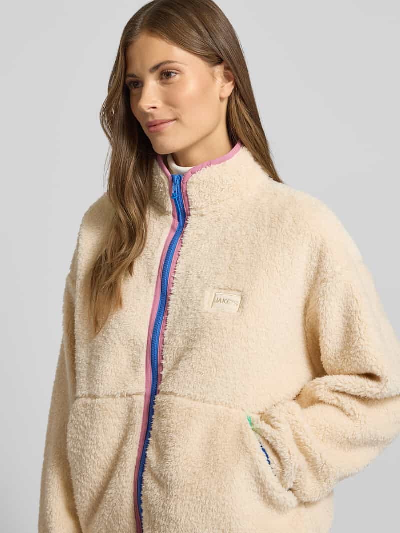 Jake*s Casual Fleecejack met opstaande kraag en labelstitching