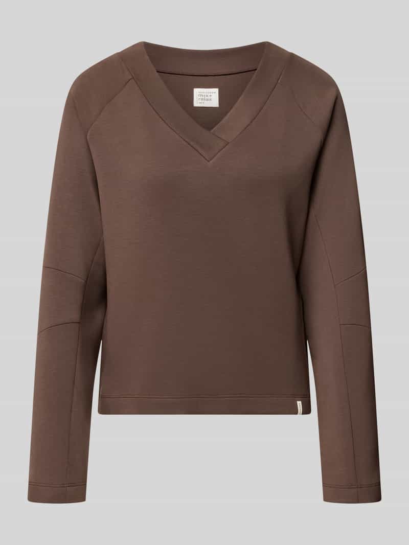 Sweatshirt met lange mouwen, doubleface, v-hals, diepbruin - Mix+ Relax 36