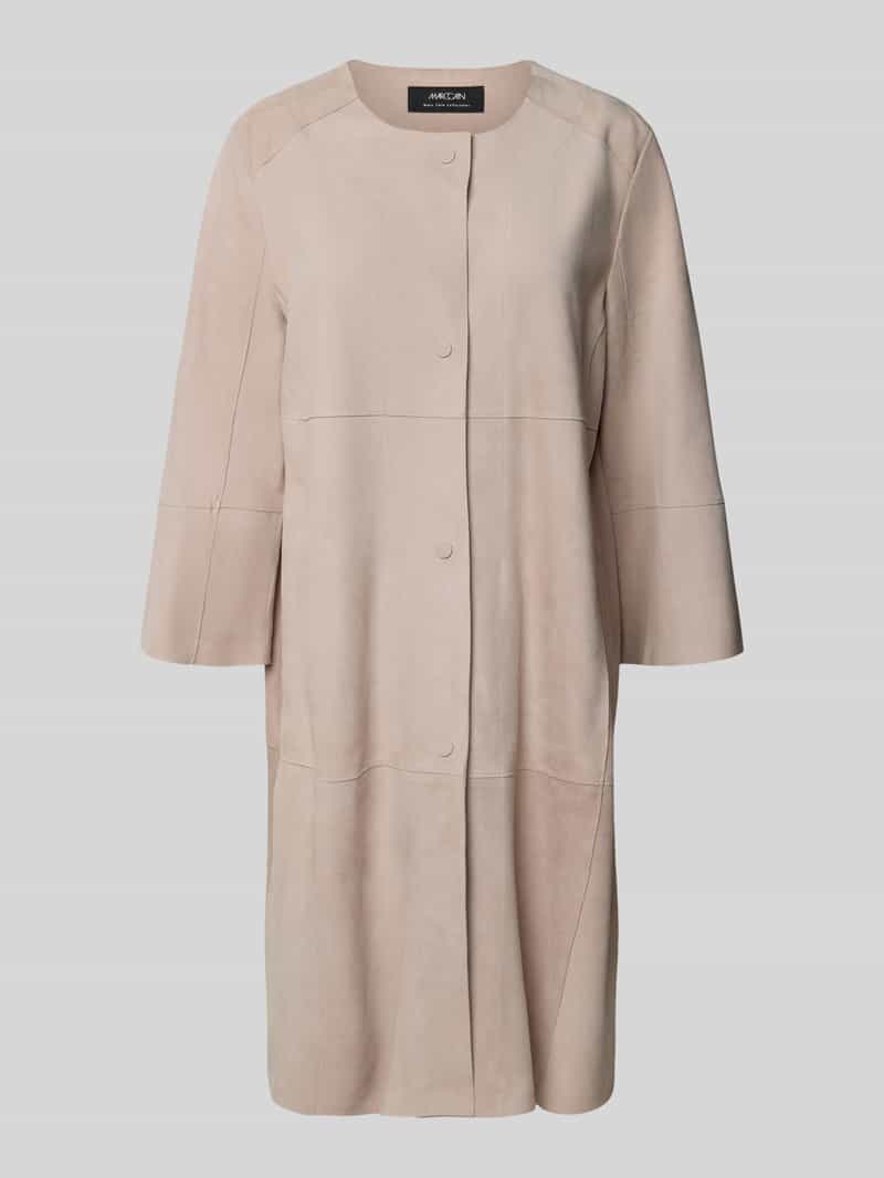 Marc Cain Regular fit lange leren jas met ronde hals model 'COLLECTIONS B'