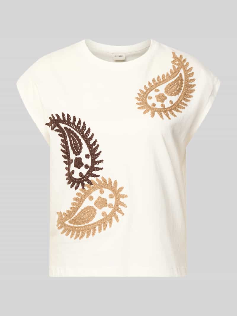 Stefanel T-Shirt mit Rundhalsausschnitt und Stitchings in Weiss, Größe L 2100618L
