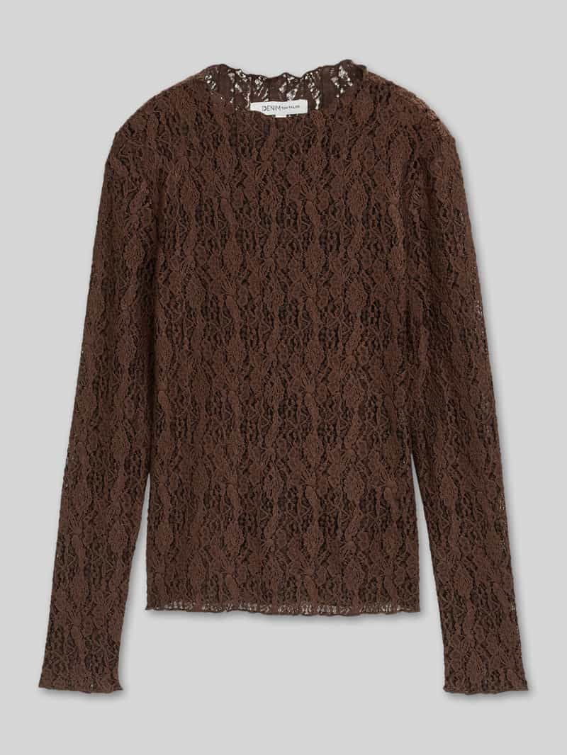 Tom Tailor Denim - Slim fit shirt met lange mouwen van kant - Maat M - cool dark brown