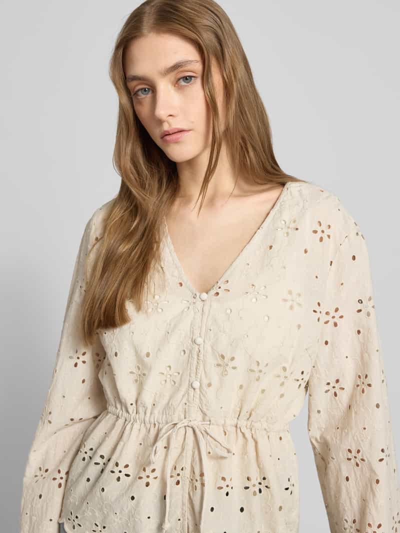 Pieces Regular fit blouse met lange mouwen en broderie anglaise model 'ARMORINE'