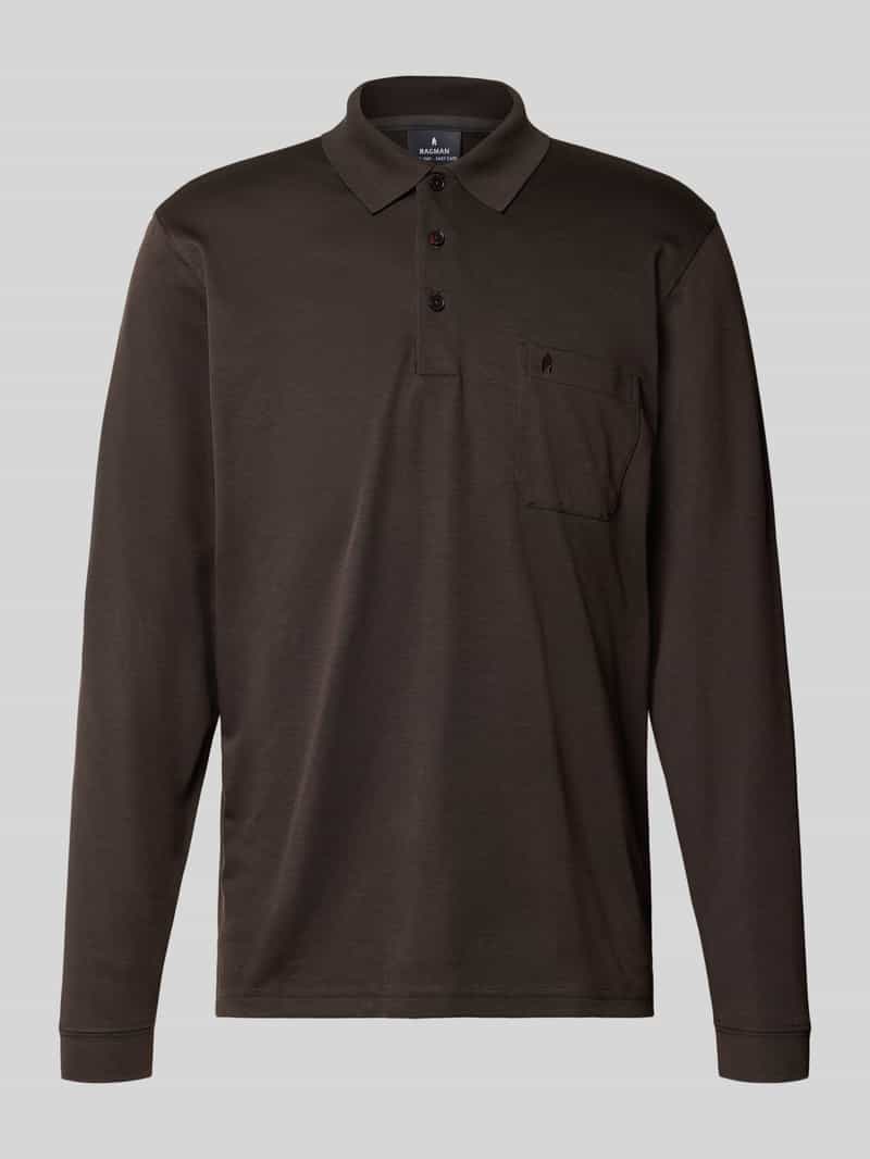 Ragman Softknit Polo Longsleeve Uni Breast Pocket Mocca / male