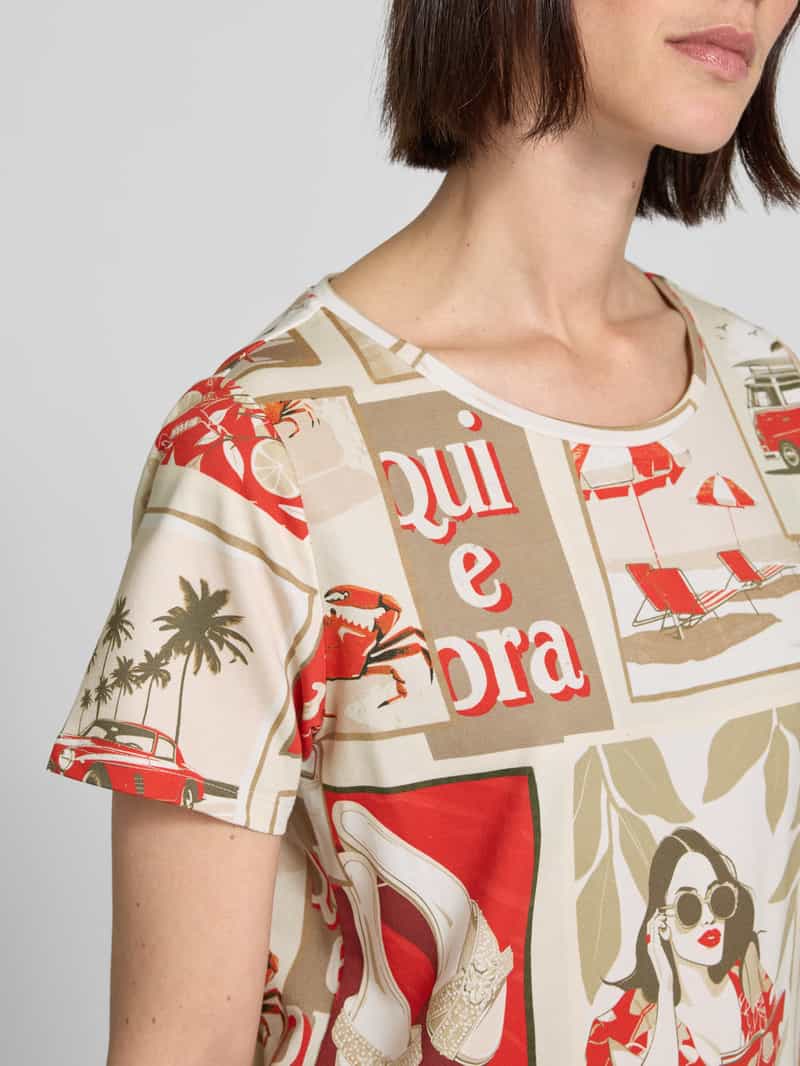 monari T-shirt met geribde ronde hals
