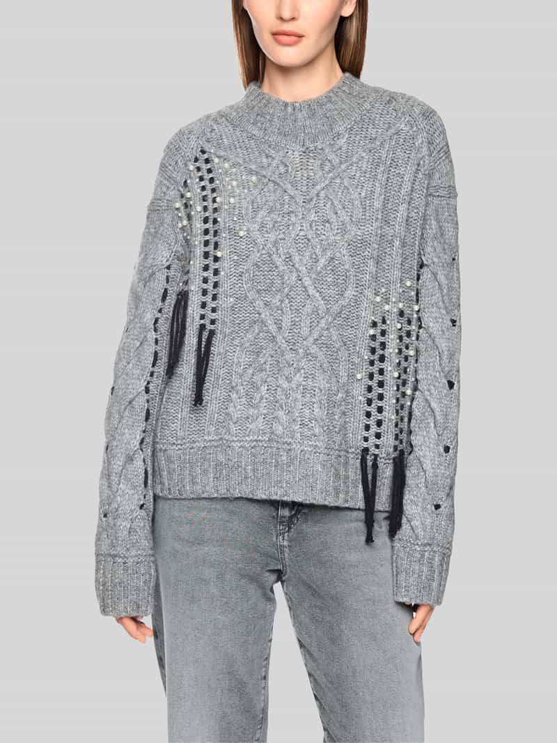 Marc Cain Pullover van mix van wol en alpaca met parelfranjes
