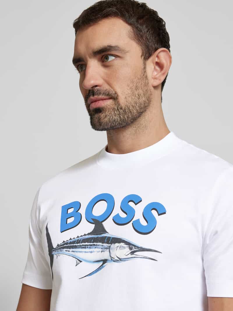 Boss Orange T-shirt met label- en motiefprint model 'Bossfish'