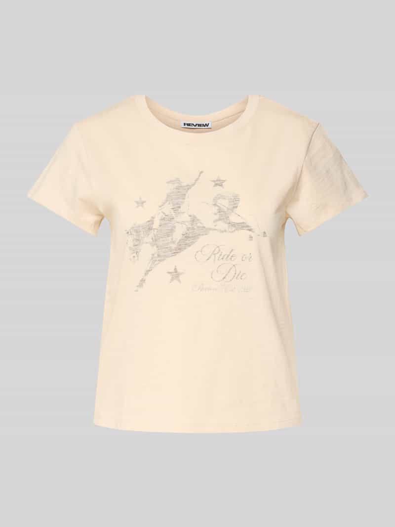 T-shirt met geribde ronde hals