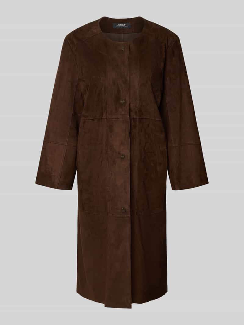 Marc Cain Regular fit lange leren jas met ronde hals model 'COLLECTIONS B'