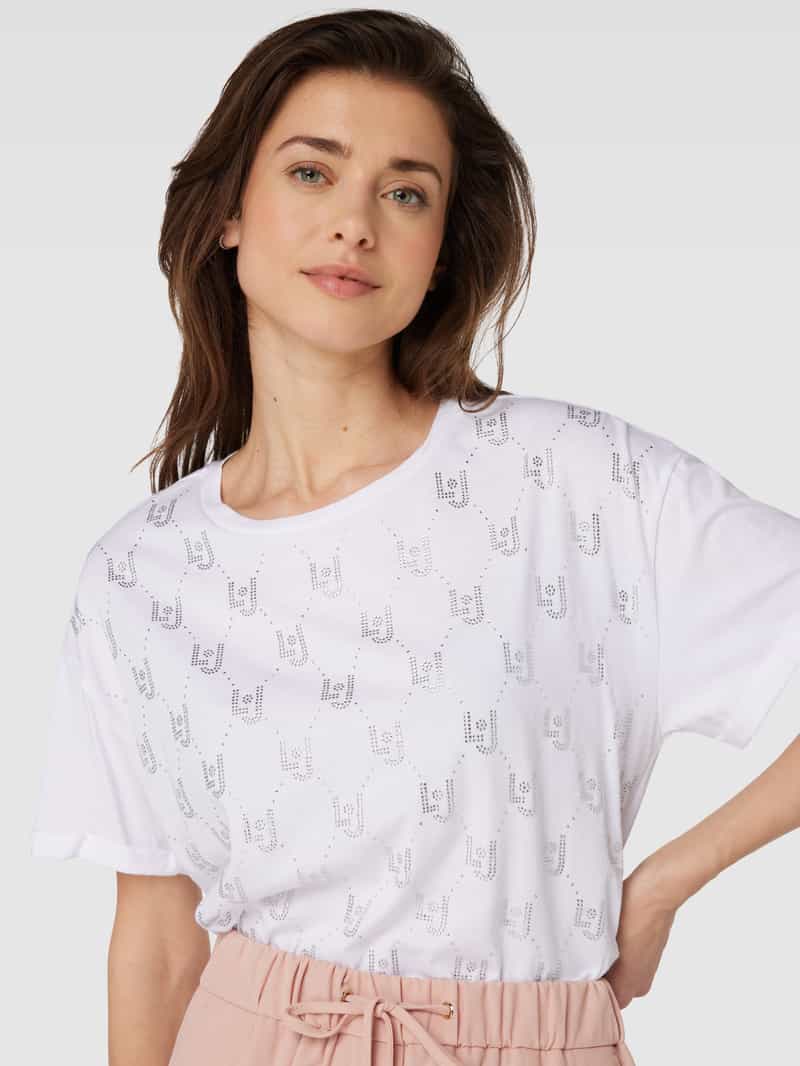 Liu Jo White T-shirt met all-over label met strass-steentjes