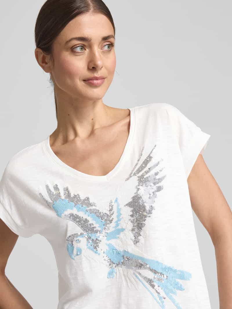 monari T-shirt met geribde ronde hals