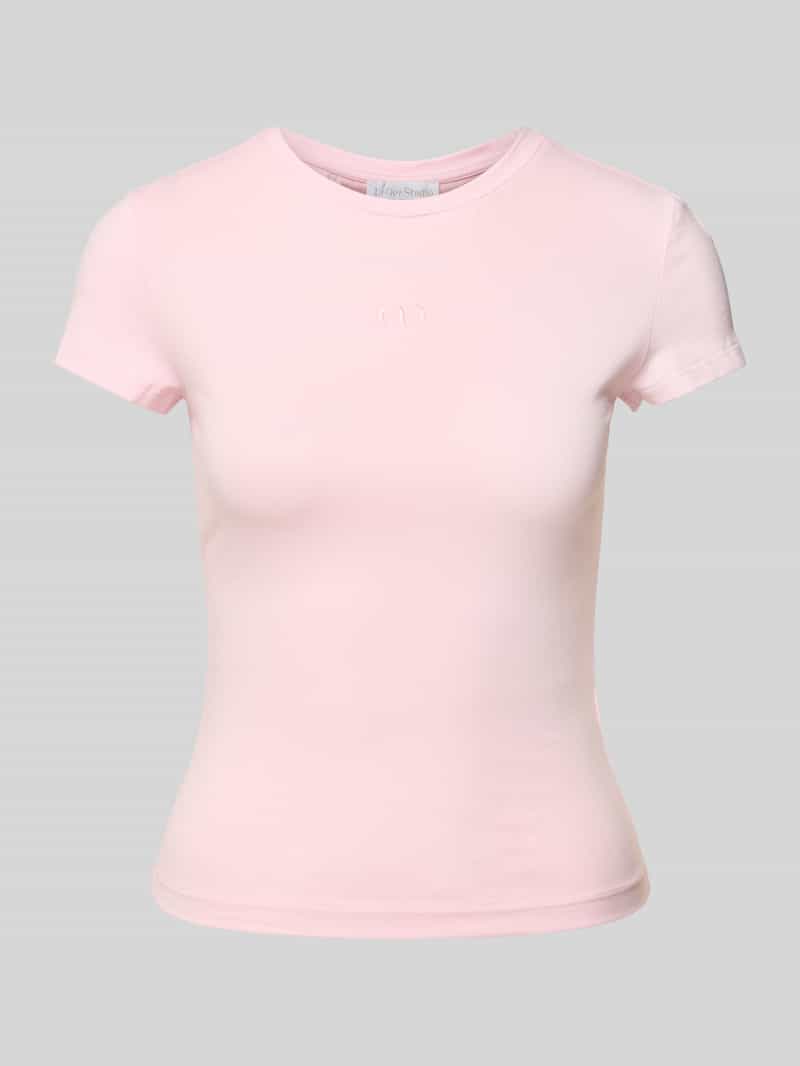 T-shirt met geribde ronde hals, model 'Franka'