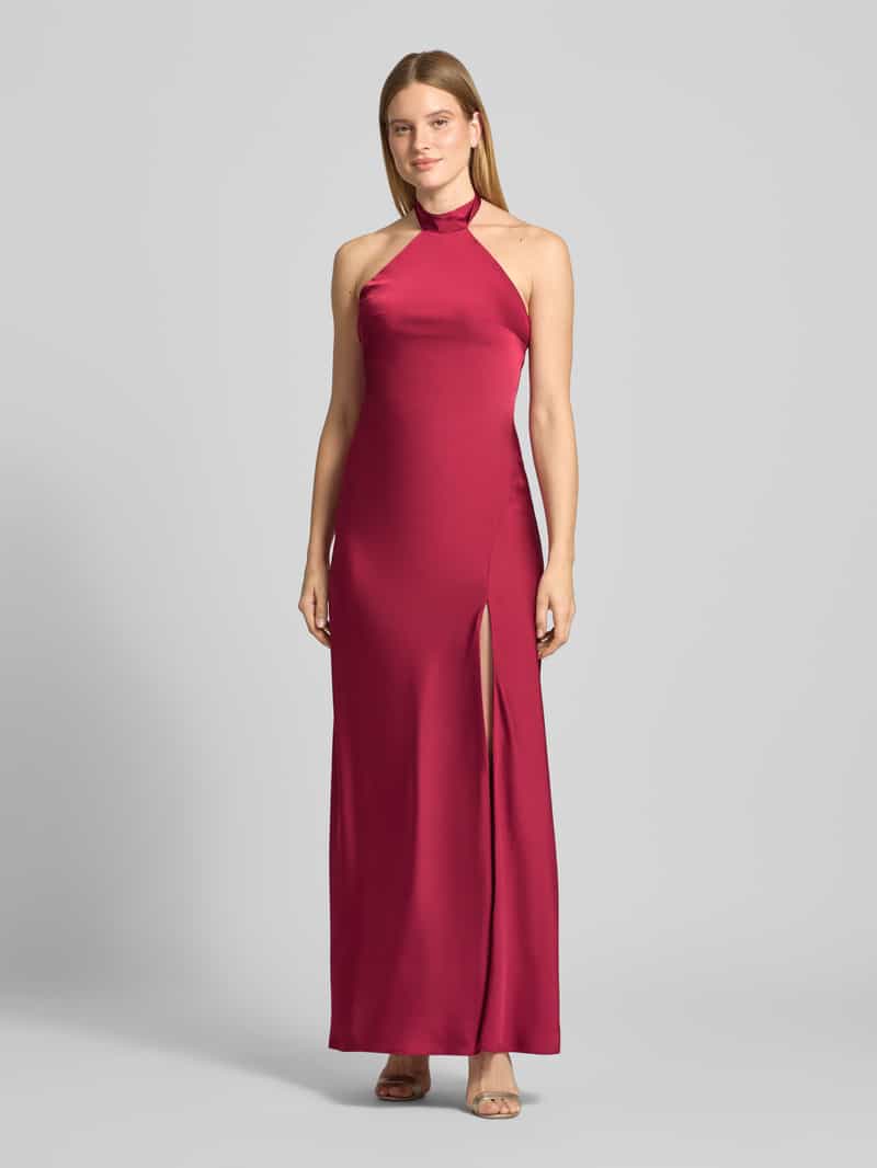Mascara Avondjurk van satijn met draperieën kersenrood, foto 3