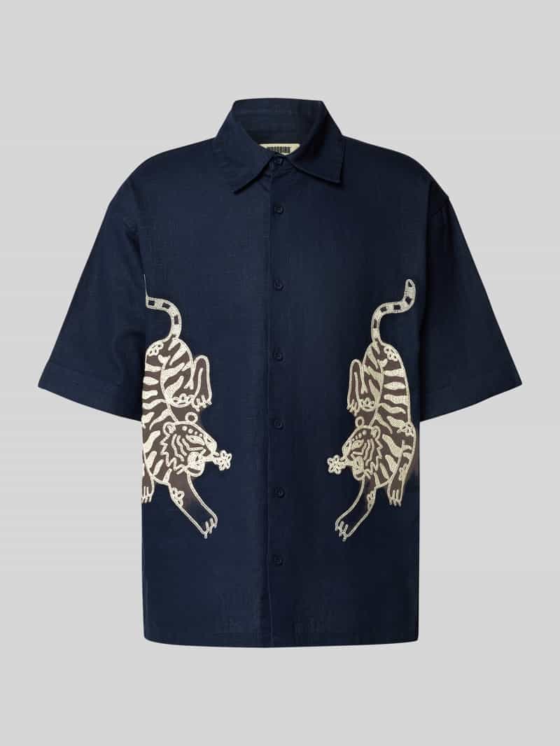 WOODBIRD Regular fit linnen overhemd met motiefstitching model 'Wang'