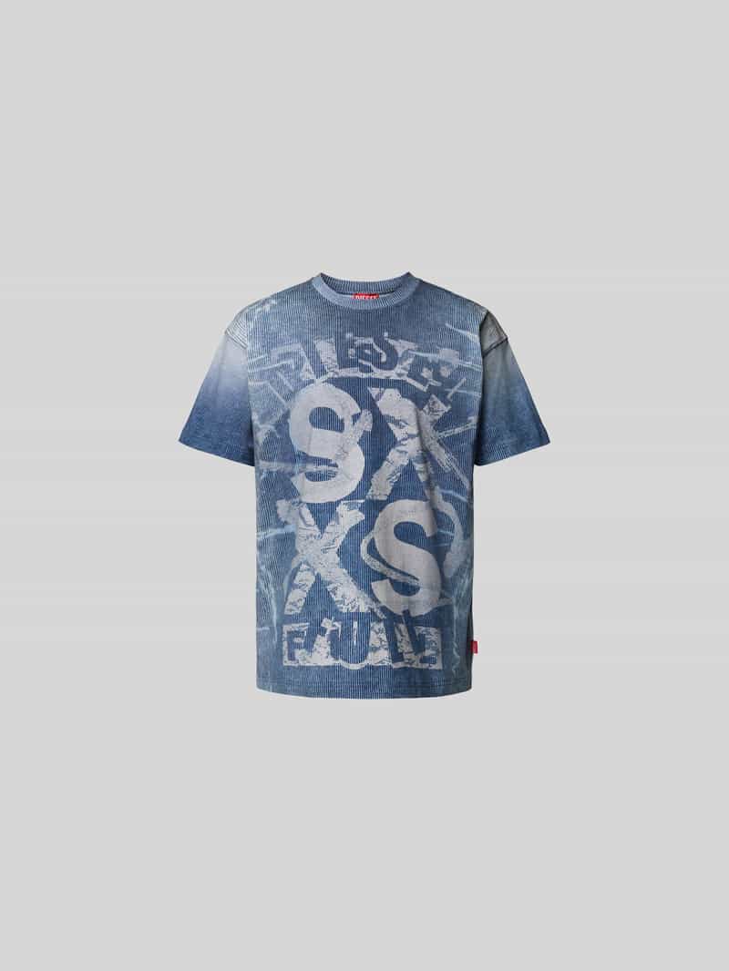 T-shirt met geribde ronde hals
