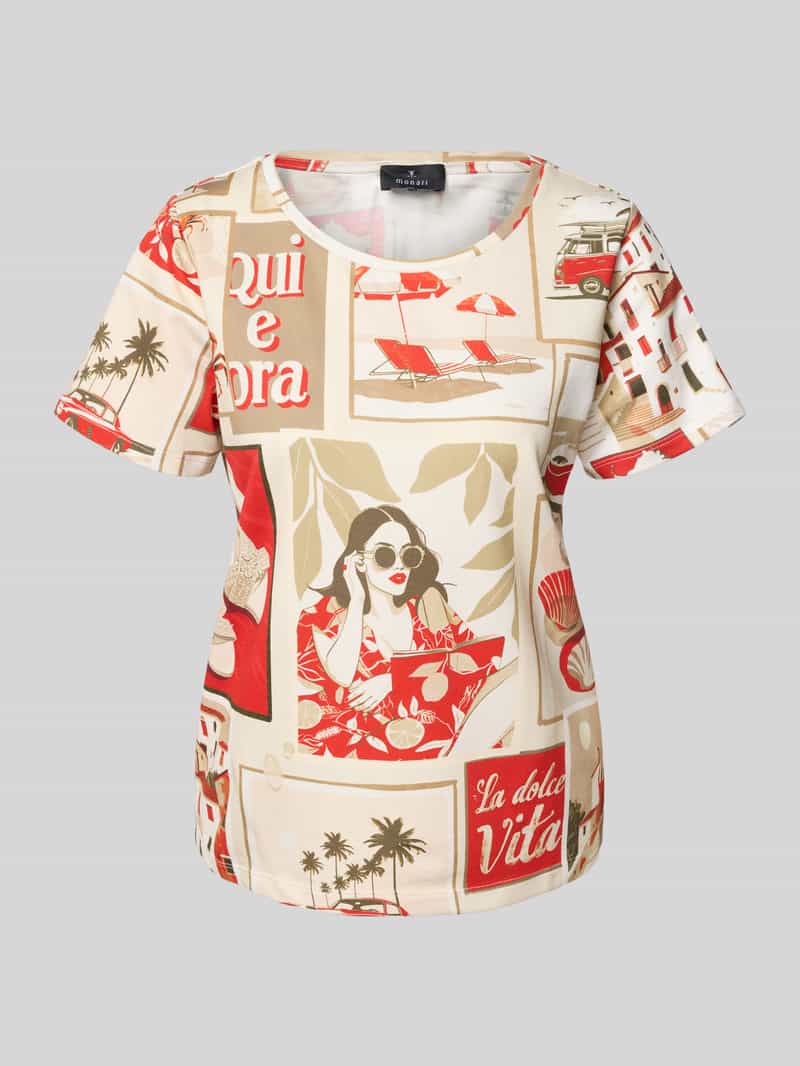 monari T-shirt met geribde ronde hals