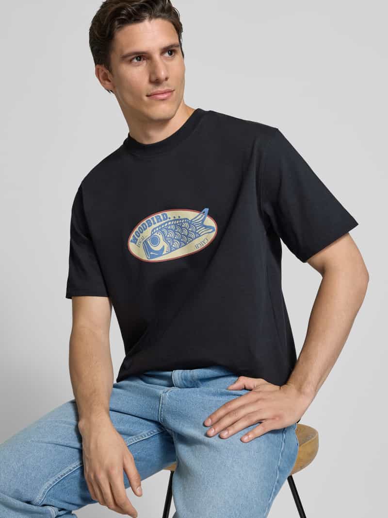 WOODBIRD T-shirt met labelprint model 'Baine'