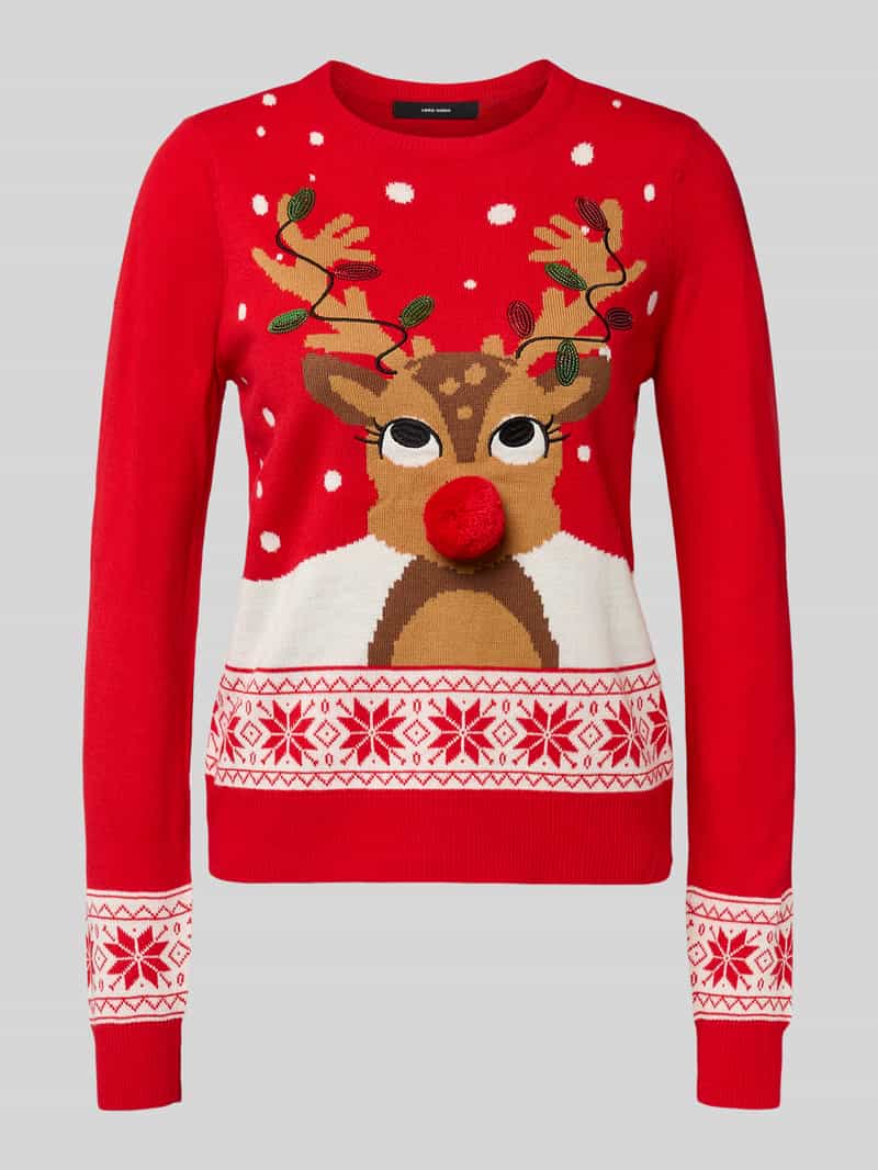 Vero Moda Regular fit kersttrui met pompon model 'FROSTYDEER'