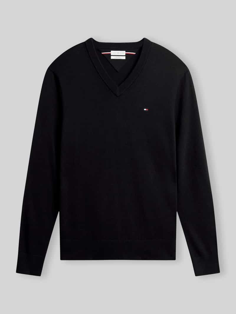 Tommy Hilfiger V-hals trui katoen met kasjmier - Pima Organic Cotton Cashmere - zwart (Black) - Maat: L
