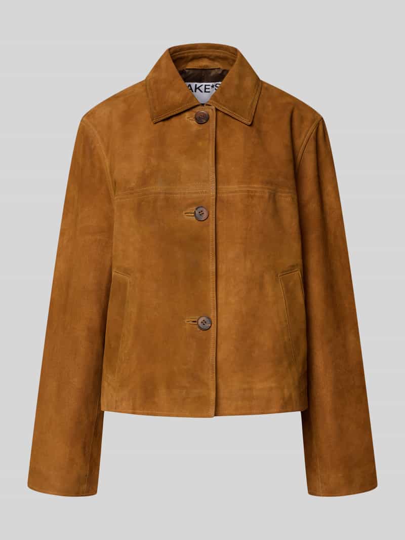 Jake*s Casual Leren jack met platte kraag en steekzakken