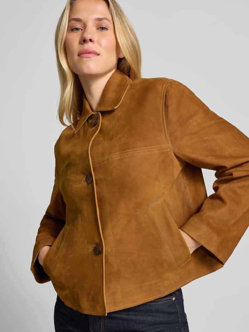 Jake*s Casual Leren jack met platte kraag en steekzakken