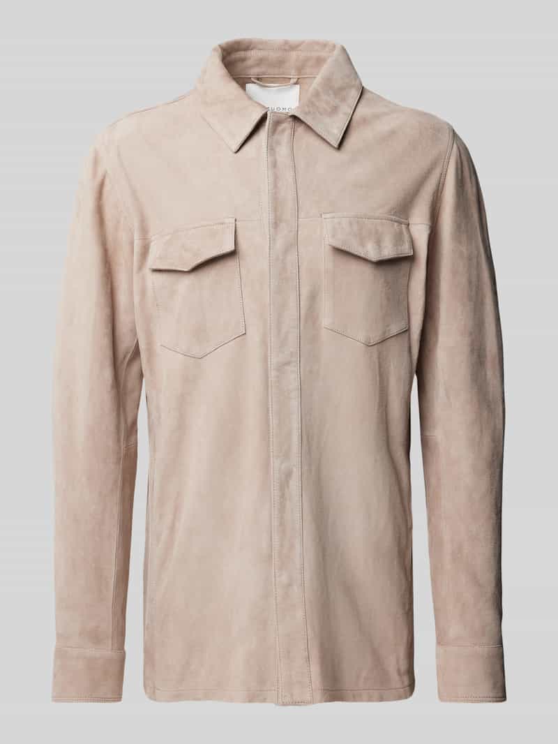 Profuomo Slim fit leren overhemd met klepzakken op de borst