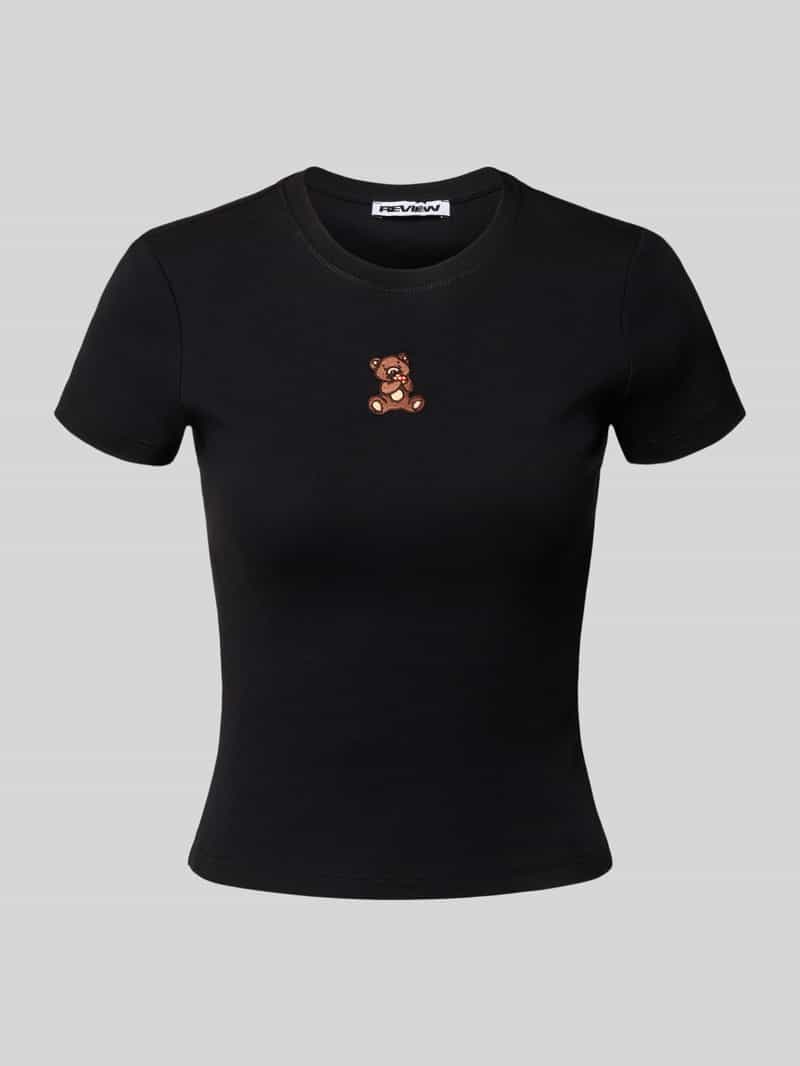 Review T-shirt met motiefstitching en ronde hals