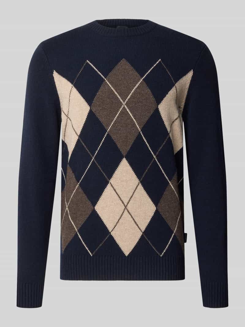 Bugatti Regular fit gebreide pullover van wolmix met ruitmotief