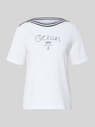 t-shirt z paski w kontrastowym kolorze i nadrukiem od Marc Cain - 3