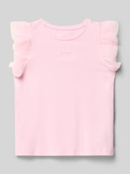 T-shirt z haftowanym logo i dekoltem w stylu crew neck od GUESS Fuksjowy - 18