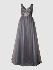 Abendkleid mit floralen Stickereien und Pailletten von Unique Grau - 21