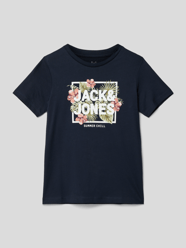 T-Shirt aus Baumwolle mit Label-Print Modell 'BECS' von Jack & Jones Blau - 48