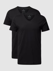 T-shirt z prążkowanym dekoltem w serek od RAGMAN Czarny - 9