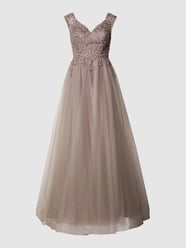 Abendkleid mit floralen Stickereien und Ziersteinen von Unique Grau / Schwarz - 41